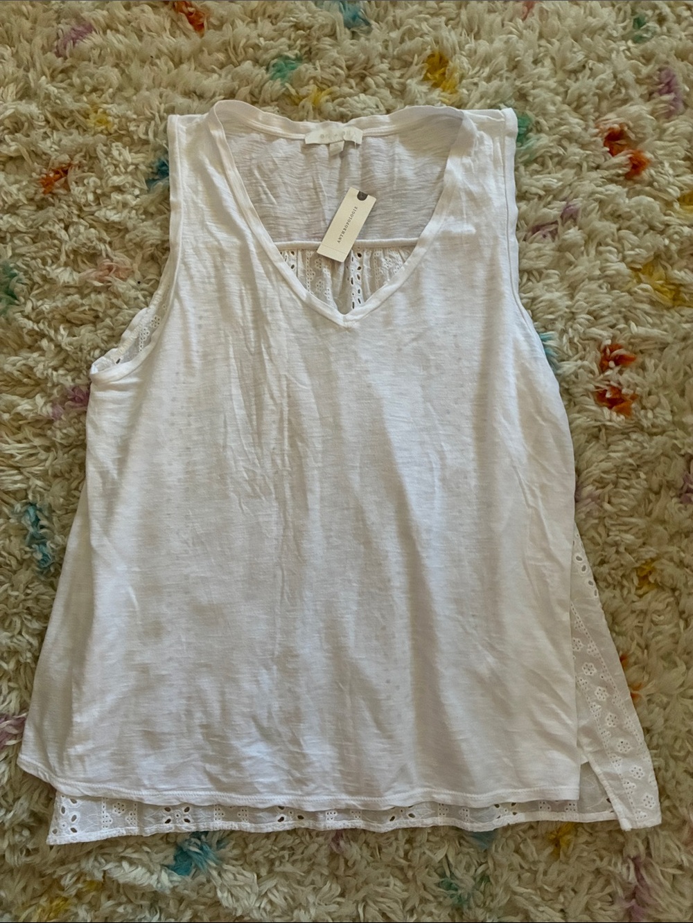 Anthropologie White Eyelet-Trim Sleeveless Tank XL